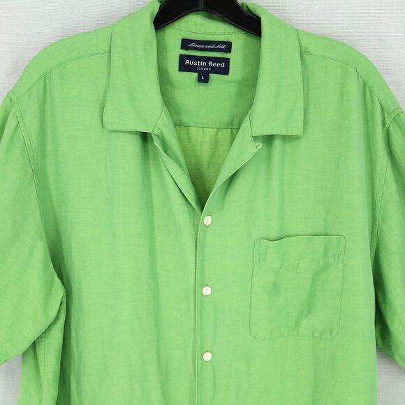 Austin Reed London Shirt Mens Large Linen Silk Green Camp Oversized Vintage - Picture 9 of 10